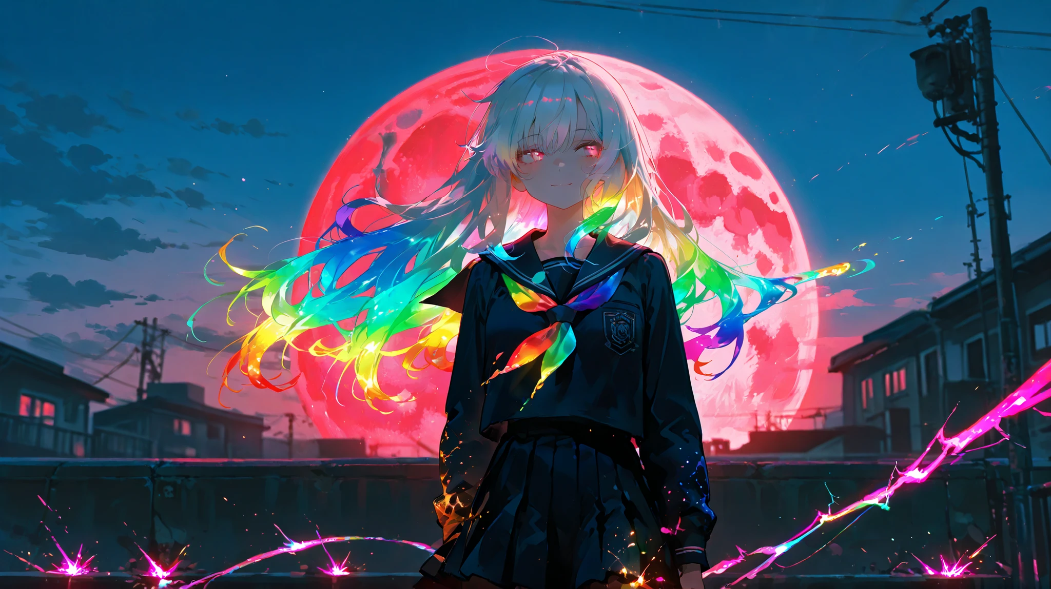 1girl, white hair, multicolor hair, school uniform, standing under a glowing multicolored moon, looking away with a faint melancholic smile, alone in a color-shifting alley with iridescent shadows behind her, atmosphere rich with surreal tones, rainbow sparks rising from the ground, colorful cinematic lighting, soft breeze moving her hair, sharp contrast, Depth of field, (((masterpiece))), (((best quality))), (8k), (((detailed beautiful face and eyes))), (((super fine illustration)))