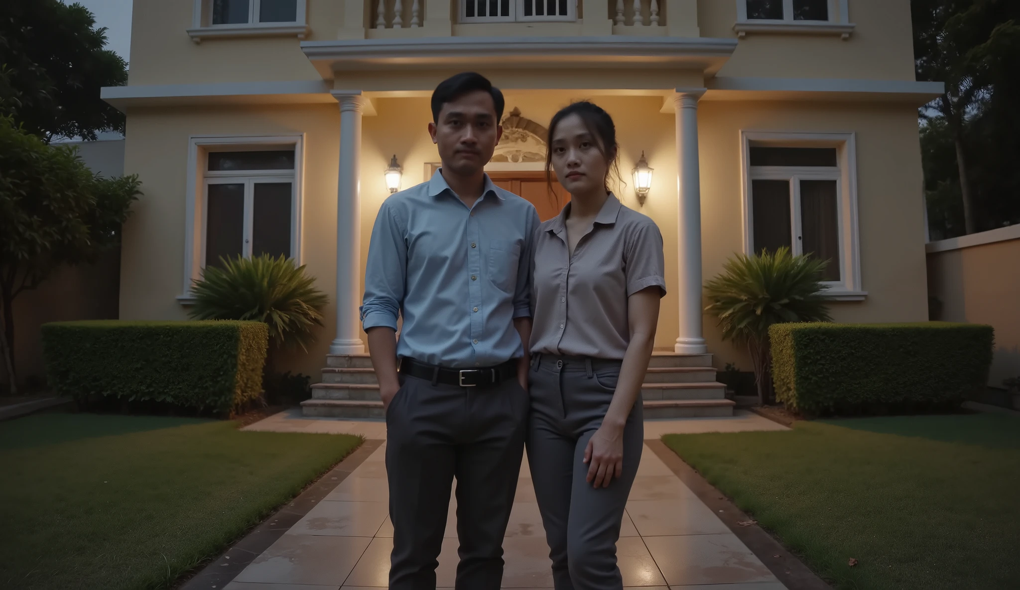 A young Indonesian couple — one man and one woman — standing together in the front yard of a luxurious house at night. Both are fully dressed: the man in a neat shirt and trousers, the woman in a modest blouse and skirt or pants. Their faces are marked by deep emotional suffering, exhaustion, and silent guilt. Despite standing in front of a beautiful, well-maintained house with trimmed hedges, elegant lighting, and marble steps, there’s a heavy, eerie atmosphere. The lighting is low and moody, with shadows stretching across the yard and a thin mist rolling in. The strong contrast between the rich surroundings and the couple’s haunted expressions evokes a supernatural, unsettling mood.