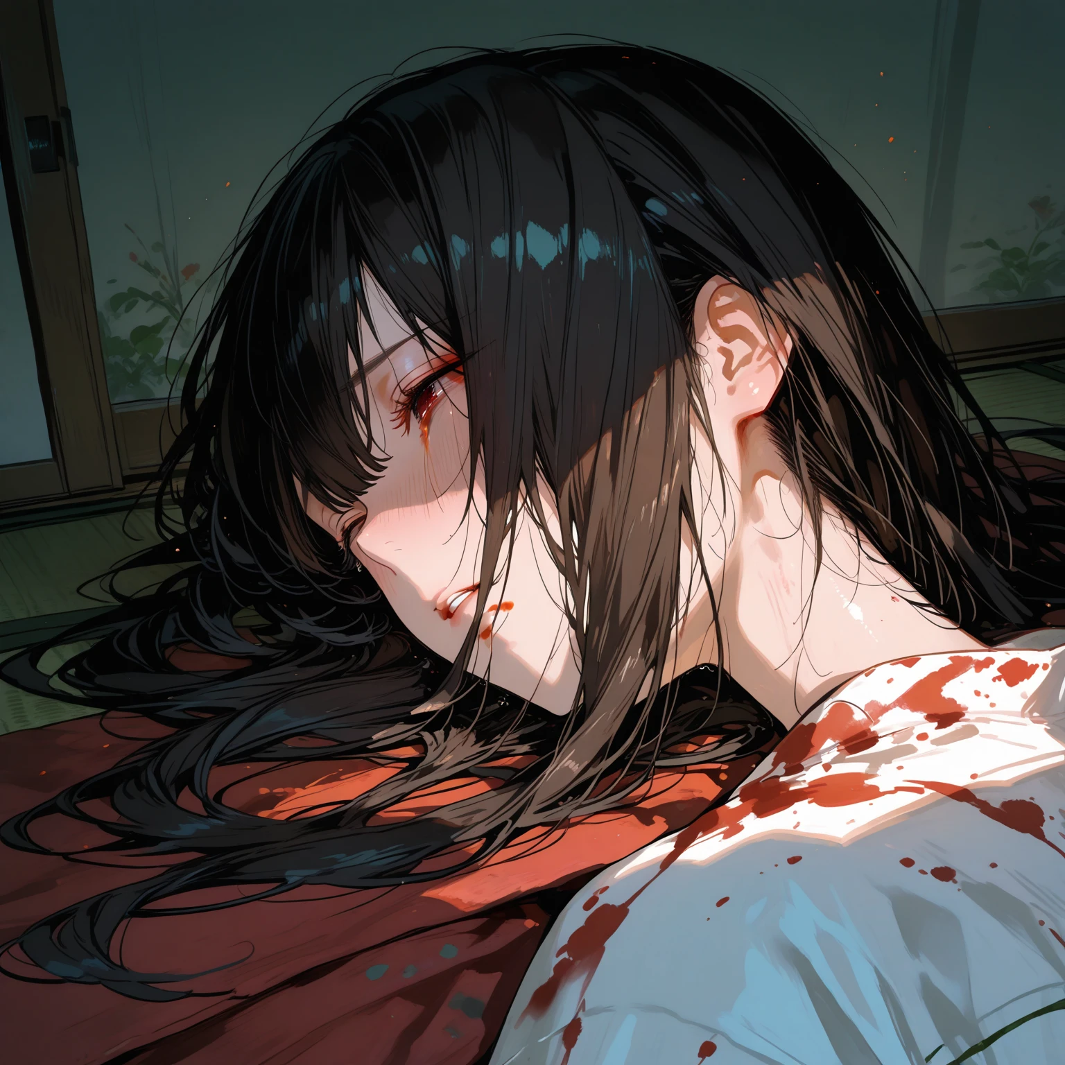 "Epic, dark scene with ruins, featuring a black-haired mature female with glow red eyes, expressing deep sorrow as they lay on the ground."