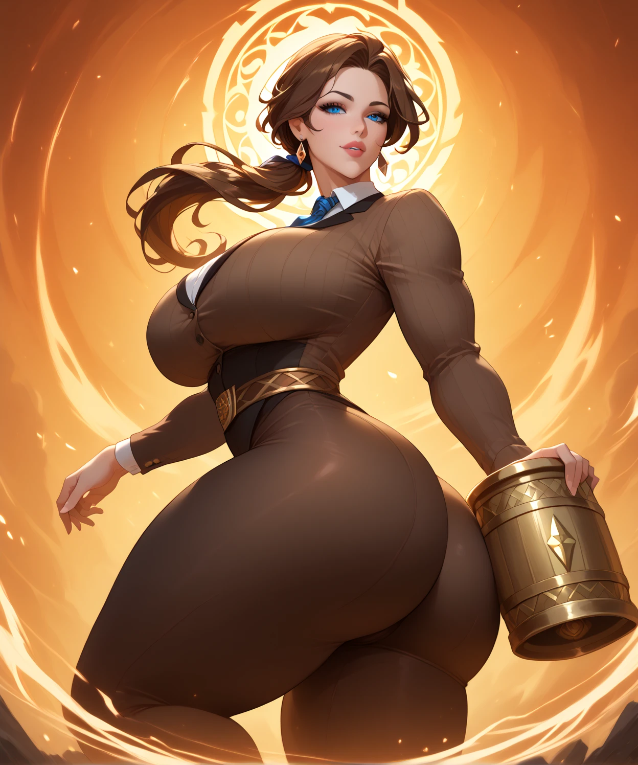 anime woman, long straight brown hair, green eyes, peach colored skin, ((SFW)), detailed face, detailed eyes, UHD 8K, dark brown and white jedi robes, large F cup breasts, wide hips, thick thighs, brown thigh high boots, one person, solo, full body image