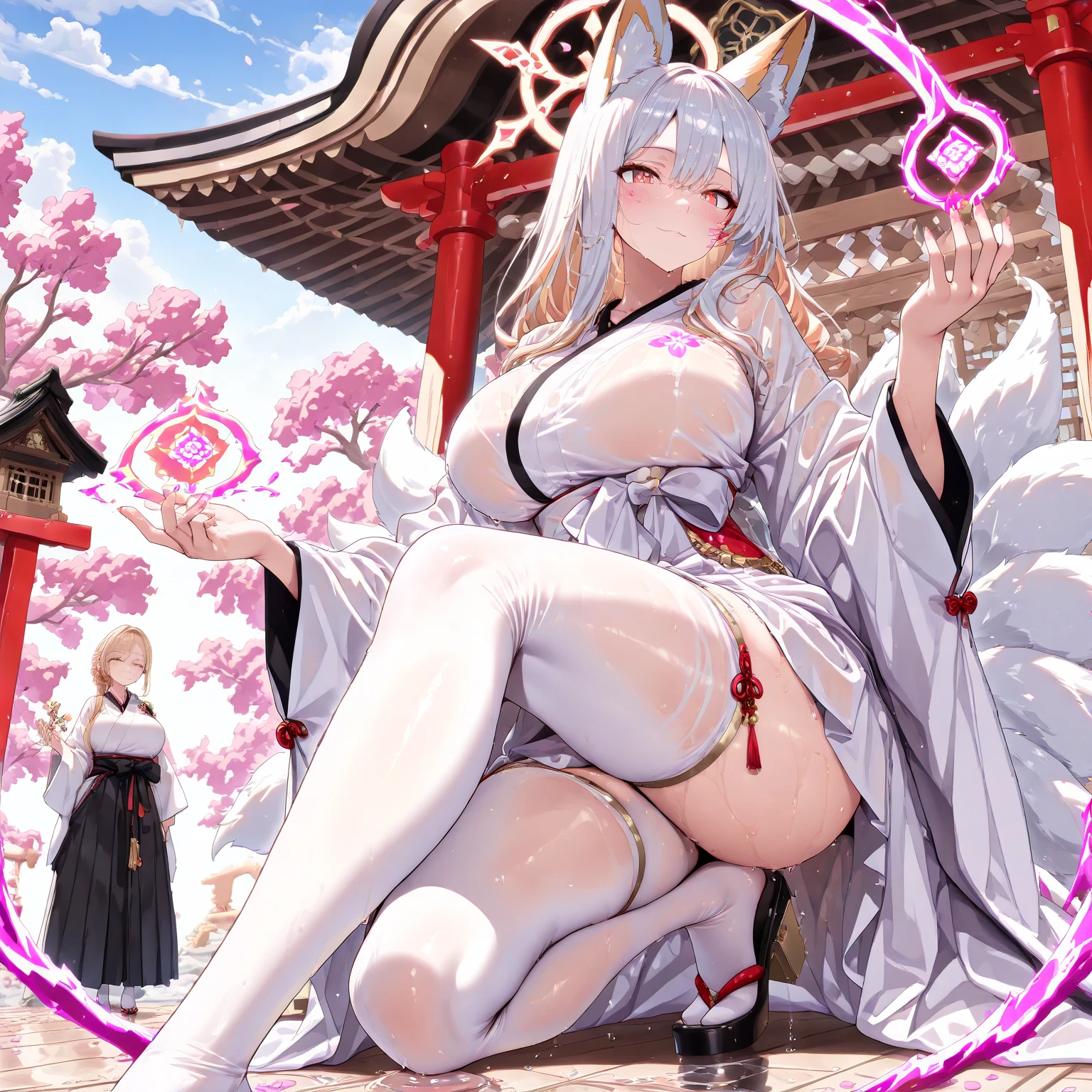 (((two girls))),((Perfect body,))((Super beautiful,))((High quality,)), (sweaty,) (wet all over,) blush,saliva, steam,((A shrine maiden in red and white Japanese clothes, long white hair, Yellow eyes, hair ornaments, on a futon, in a Japanese room at night,blunt bangs)),collar,pov, Looking at Viewer,gigantic breast,lie on japanese futon, exposing thighs, thigh-high socks, tabi,pussy,(fox ear,fox tail),Pleated skirts are so short that their crotch is exposed, and she lifts the skirt with her fingers to show off her crotch,((Two beautiful girls lying on a futon and seducing me)),nipple,open mouth,Spreading the vagina hole with fingers,spread pussy,(((Semen is dripping from pussy,)))Smile