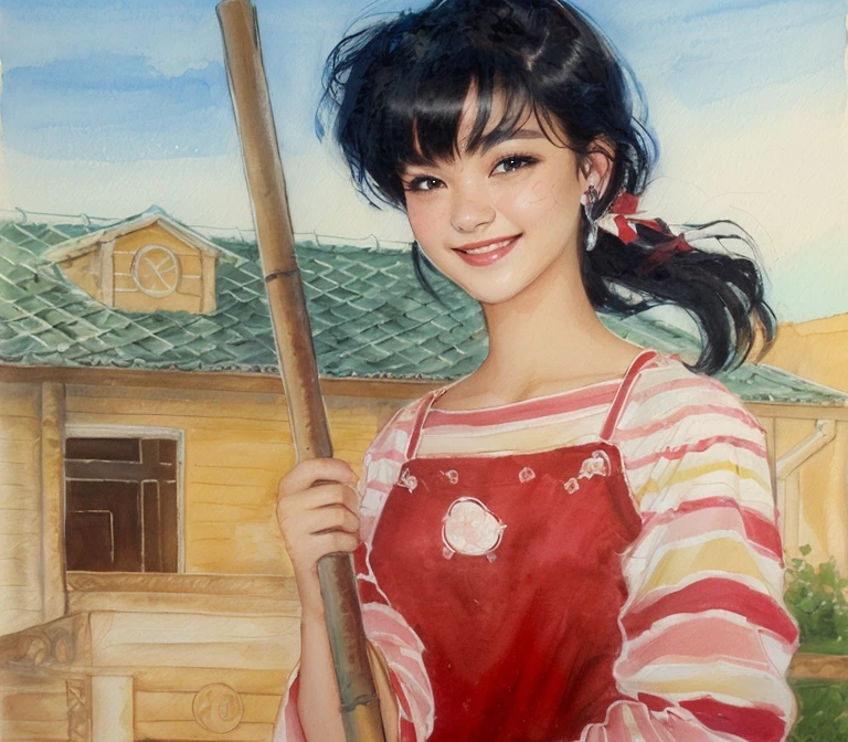 <lora:pinup_girls_v1.0:0.8>, as-midaged, 40 year old japanese woman, milf, turtleneck sweater, blue denim apron, sandals, black hair color, sitting on steps, traditional japanese home in background, sunrise, sexy details