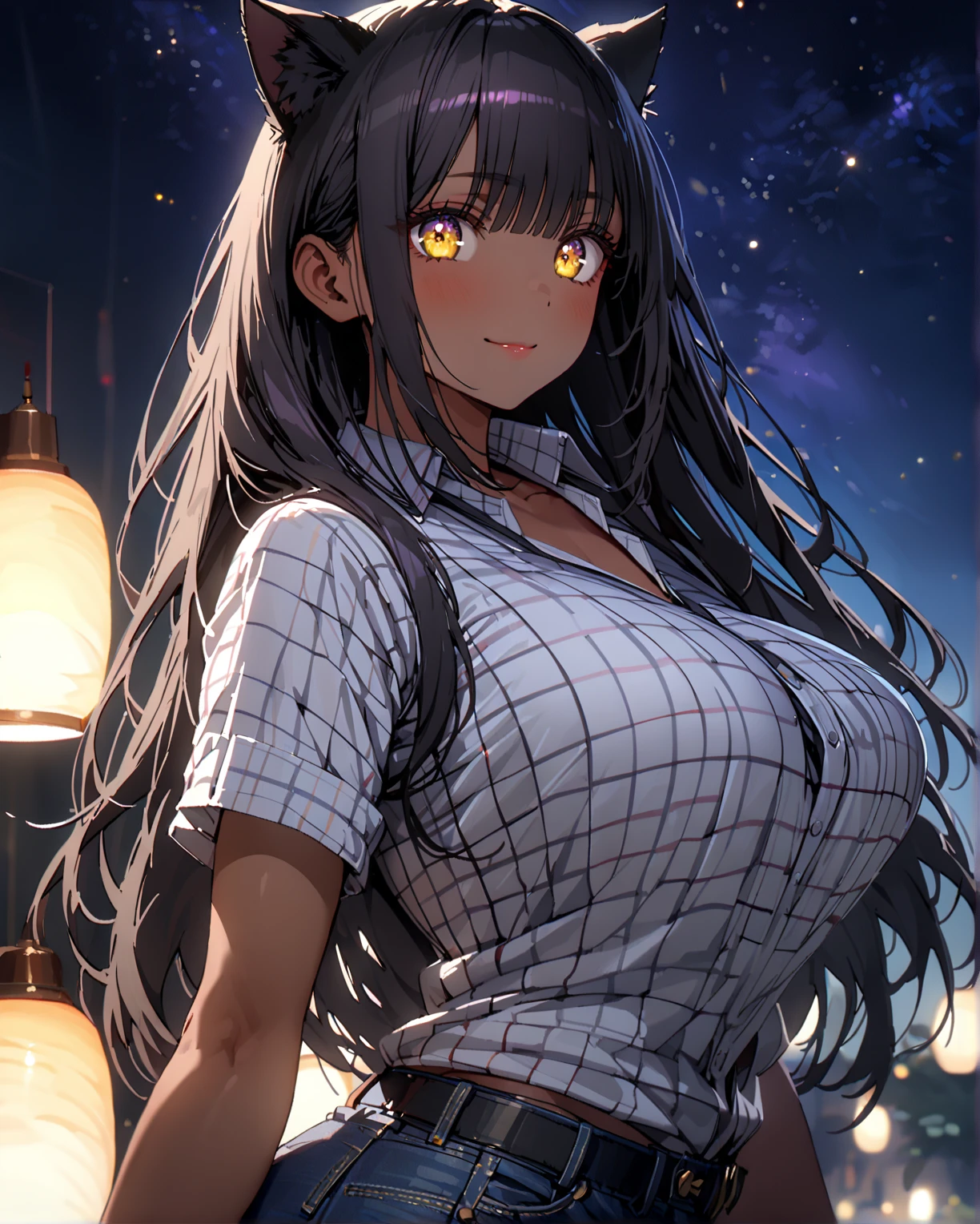 illustration, best quality, ultra-detailed, ,Chica presiosa, amorosa y radiante, more prism, vibrant color, ,an anime girl with long dark hair and a cross necklace in a big city, breasts, long hair, looking at viewer, black hair, hair ornament, bare shoulders, collarbone, upper body, 1girl, cleavage, off shoulder, jacket, open clothes, halterneck, solo, hairclip,