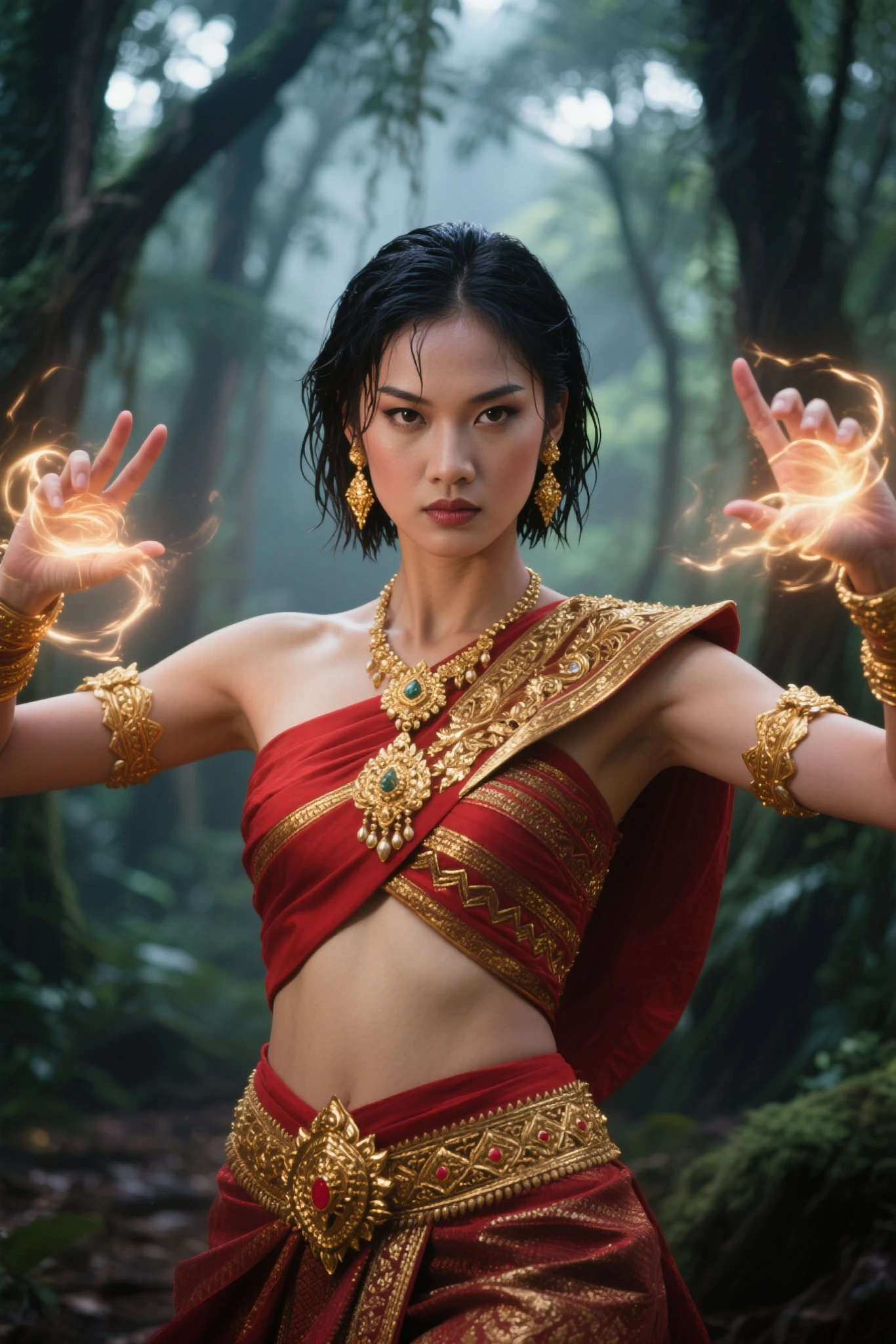 (realistic:1.37), Indonesian woman in the Majapahit royal dynasty, (long black hair:1.1), (beautiful detailed eyes:1.1), (beautiful detailed lips:1.1), queen-like, (red kemben), (small gold necklace), royal attire, (floating meditation:1.1), (energetic bursts:1.1), (unreal machine 5), absurdres, volumetric color lines, (blue red white lighting), (intense gaze to the camera:1.1), rainforest background