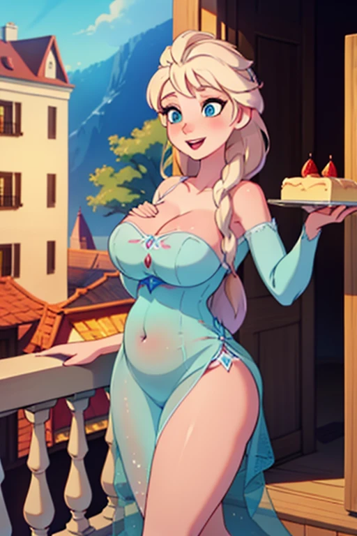 (masterpiece:1.4), (best quality:1.4), (high resolution:1.4), elsa of arendelle, large breasts, cleavage, lacey curtain top, no bottom, skin underneath , long hair, nude, no skirt, bare, golden belt, royal ballroom, crowd, smile,