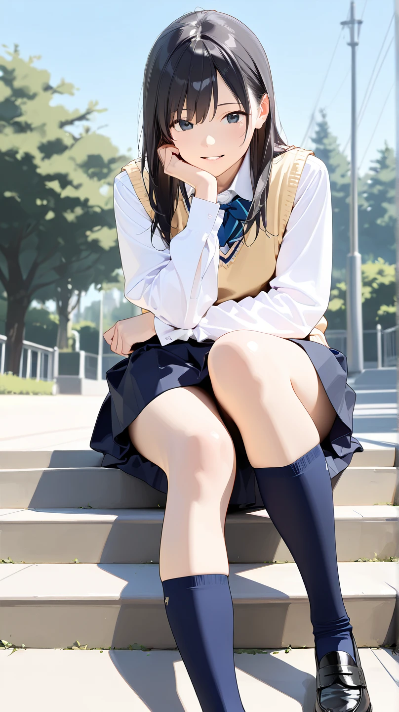 masterpiece, best quality:1.2), full dbody, cowboy shot, solo, 1girl, shirase sakuya, smile, looking at viewer, sitting, high ponytail, school uniform, collared shirt, necktie, plaid skirt,black socks