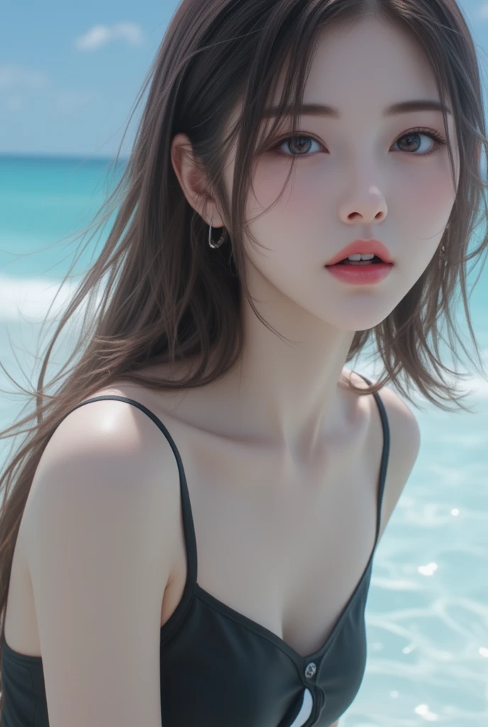 (best quality,4k,8k,highres,masterpiece:1.2),ultra-detailed,(realistic,photorealistic,photo-realistic:1.37), oil painting, beautiful detailed eyes, beautiful detailed lips, long pony tailed girl, sandy beach, gentle waves, warm sunlight, soft breeze, summer vibes, vibrant colors, carefree atmosphere, joyful expression, relaxing vibe