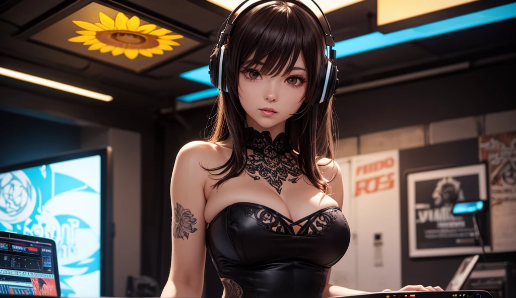 (RAW quality:1.4), masterpiece, 1 beautiful girl, Detailed eyes, Swollen eyes, highest quality, 超A high resolution, (reality: 1.4), Cinema lighting, Japanese, Asian Beauties, Very very beautiful, Lovely、Beautiful skins, Slender, Forward-facing body, (Ultra-realistic), (High resolution), (8k), (Very detailed), ( Best illustrations), (Beautiful and detailed eyes), (Ultra-detailed), Detailed face, Bright lighting, Professional Lighting、The background is a cyberpunk room with many monitors...........、The cord is connected to the costume.、Long hair color pink、Put the headset on your head、Small tattoo on face、Hmph、Staring at the audience, Cowboy Shot,
