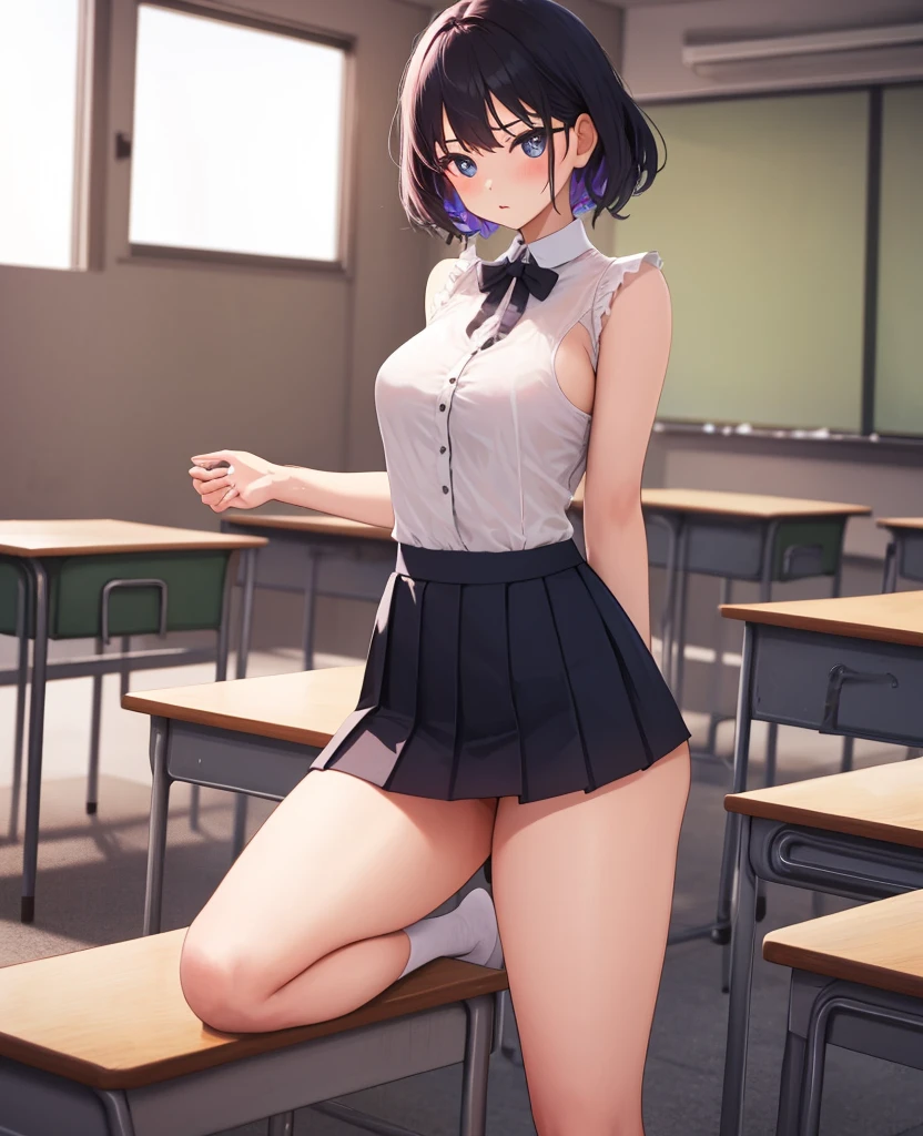 (top-quality、in 8K、32K、masterpiece、nffsw、超A high resolution、Impresionismo、Photorealsitic:1.2)、cowboy shot、foco nítido、detailed faces and eyes、inside in room、atlibrary、Bookshelf in the background、Ephemeral Girl、beauitful face、blurry backround、Sharp pupils、Realistic pupils、school ground、beauitful face、blurry backround、18 year old beautiful girl、shinny skin、bob cuts、Beautiful dark purple hair、Blunt bangs、Purple eyes、Shirt、neck tie、Plaid miniskirt、Black socks、(Have a skirt、Lifting skirt、I can see the white panties:1.3)、(Embarrassed look:1.2)、Sailor Saturn