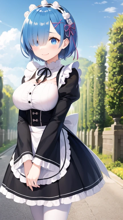 cosplay de Rei Ayanami evangelion. (best quality,4k,8k,highres,masterpiece:1.2),ultra-detailed,(realistic,photorealistic,photo-realistic:1.37), standing, ((Smiling, showing beautiful white teeth:1.6)), (Short black hair bob hair),BREAK (sexy french maid costume:1.4), (fusion of (short puff sleeves black blouse) and (black bustier):1.4), ((strapless, bare shoulders):1.4), ((collarbone, emphasize breast cleavage):1.3), (wearing a white half-apron with ruffles over a black miniskirt:1.4), (white half-apron:1), ((white brim, maid headband) with ruffles:1.3), (white overknee socks:1.3), (ruffled choker with bow-tie:1.3), (pumps with heels:1.2),
BREAK (blue small ribbon on white overknee socks:1.3)