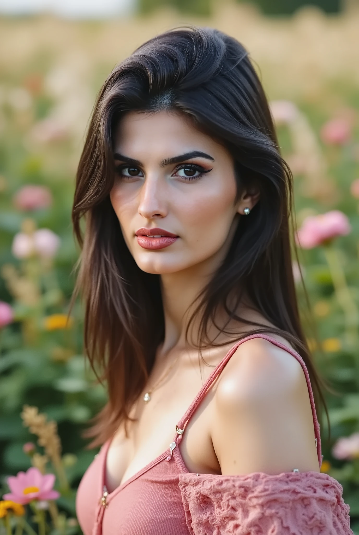 a close up of a woman in a pink dress in a field of flowers, dressed in a pink dress, pink dress, sundress, dressed in a flower dress, wearing pink floral gown, wearing sundress, wearing a pink dress, opened dress, pink girl, beautiful girl, summer dress, flowery dress