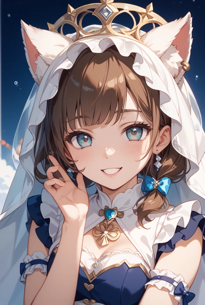 Anime style girl white skin brown hair loose with blue wavy hair tips, rabbit ears. Blue eyes with white six-pointed stars in each eye. Astronomy-themed fancy dress. Gold moon jewelry. Star decoration on the right side of the hair. White chinchilla butler with suit and monocle in arms