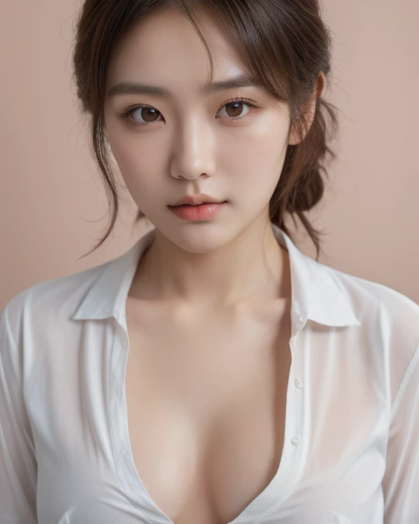 Top quality, realistic, perfect human body structure, very detailed, very delicate and beautiful, RAW photo, white shirt, denim pants, professional lighting, face lighting, depth of field, single focal, whole photo, 13 year old woman, brown hair, brown eyes, small head, (((big)), baby face, fashion girl, beautiful eyes, real face, real face, real skin, realistic skin, detailed eyes, (half updo: 1.3), sexy pose, viewer, detailed face and breast look, middle school student