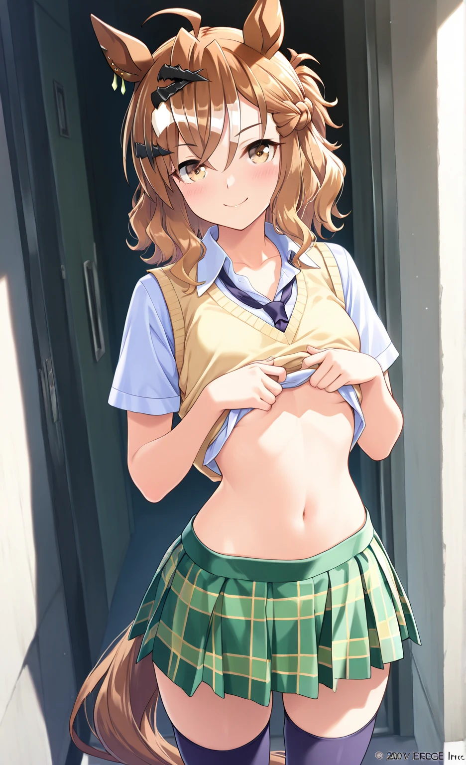 Masterpiece, highres, high Quality, 1girl, clothes lift, lifted by another, skirt lift,, masterpiece, best quality, highly detailed, misaka_mikoto, school_uniform, tokiwadai_school_uniform, white cute panties, flushed face, embarrassed, Breast Exposure、Nipple exposure