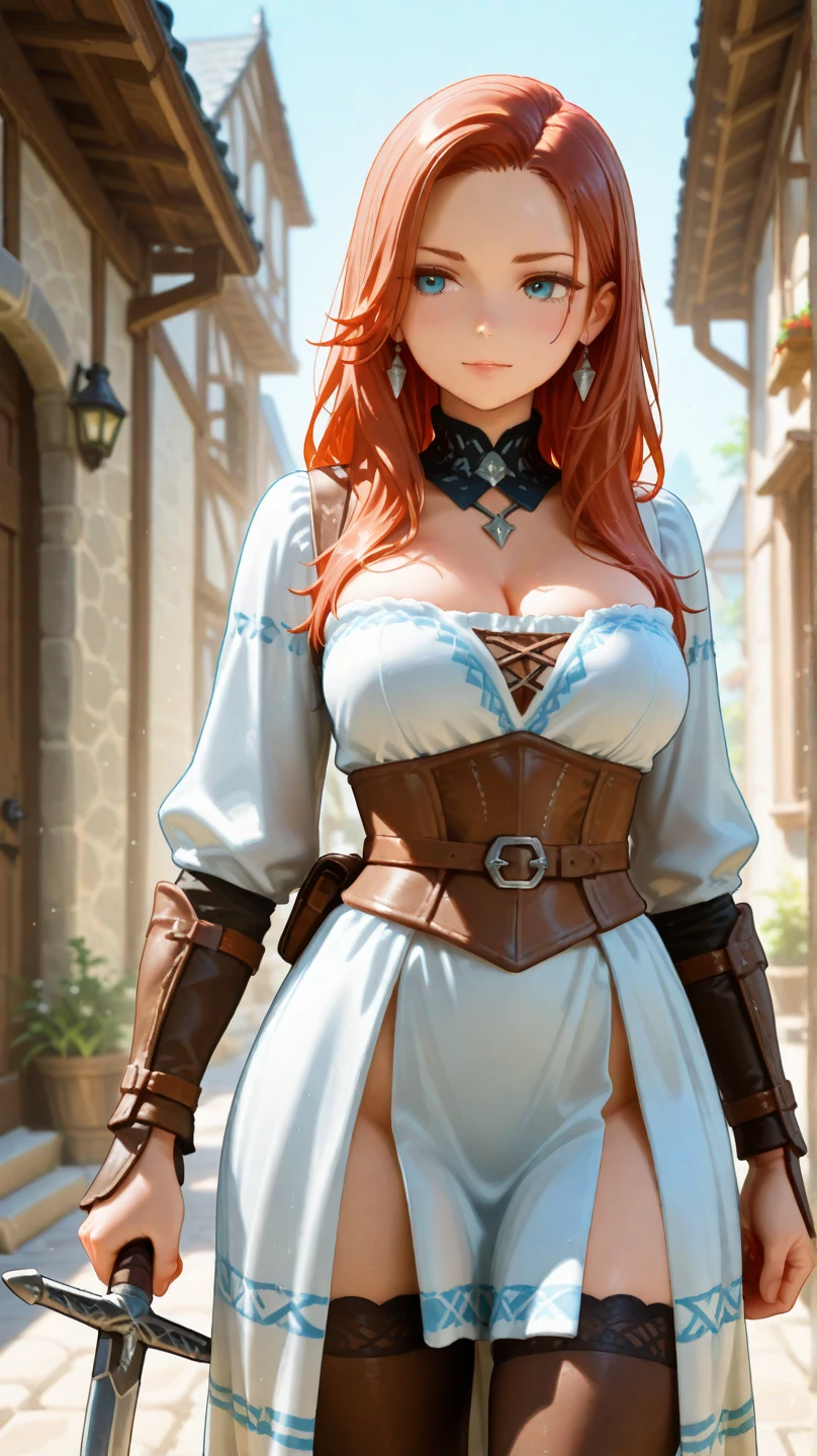 a beautiful Nordic European woman with long red hair in braids, light eyes, with freckles, blue leather bodice, extravagant neckline, white micro skirt,