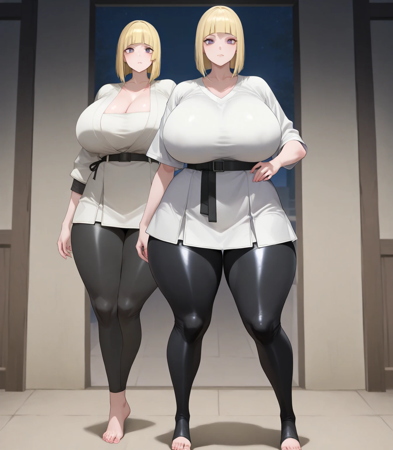 Beautiful 28 year old girl, round face with green eyes and light gray hair, Her tits are very big, G cup size 56, her butt is very very very big, She is wearing a short-sleeved white sweater and long black pants., She is sweaty and is walking down a somewhat narrow hallway with a provocative pose.