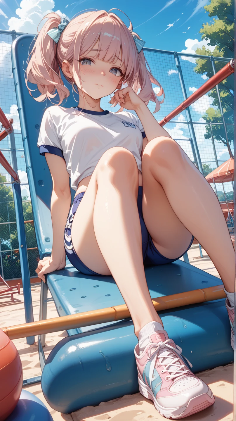 absurdres, highres, BREAK looking at viewer, full body, (from below:1.5) BREAK (vivid-color:1.3) BREAK (one girl:1.3), (:1.2),red hair, blue eyes, tennis uniform, hairclip, earrings, jewelry, nm1, hair ribbon, short hair, tennis cosplay, (pleated super short skirt:1.4), (thighs:1.3), large breasts, (grin, great laughter:1.3), open mouth, (folding one's arms:1.3), (breast:1.3), round eyes, (blowing in the wind:0.5), sweat around girl, dripping sweat, (((Very pretty panties))), (sit on a bench:1.3), (bare feet:1.3), (foot focas:1.2),(two feet:1.3), crossed legs, looking down,looking at viewer, perfect foot,(emphasis on the soles of the feet1.3), from below ceiling, breath, pov, (shiny skin:1.1), squall (wind:1.2), sense of speed, refreshing breeze, motion blur effect, wind BREAK background is (tennis court:1.3), (Stand in the center of the screen:1.3), (10,000 people spectators:1.3), multiple people behind you, blue sky with clouds, outdooragnificent panorama view:1.2), wind BREAK sunlight, magnificent view, rainbow in the sky, light particles, dynamic angle, dutch angle, perspective BREAK (daytime, sunbeam:1.2), depth of field, bokeh, light leaks, (chromatic aberration:1.2), noon BREAK