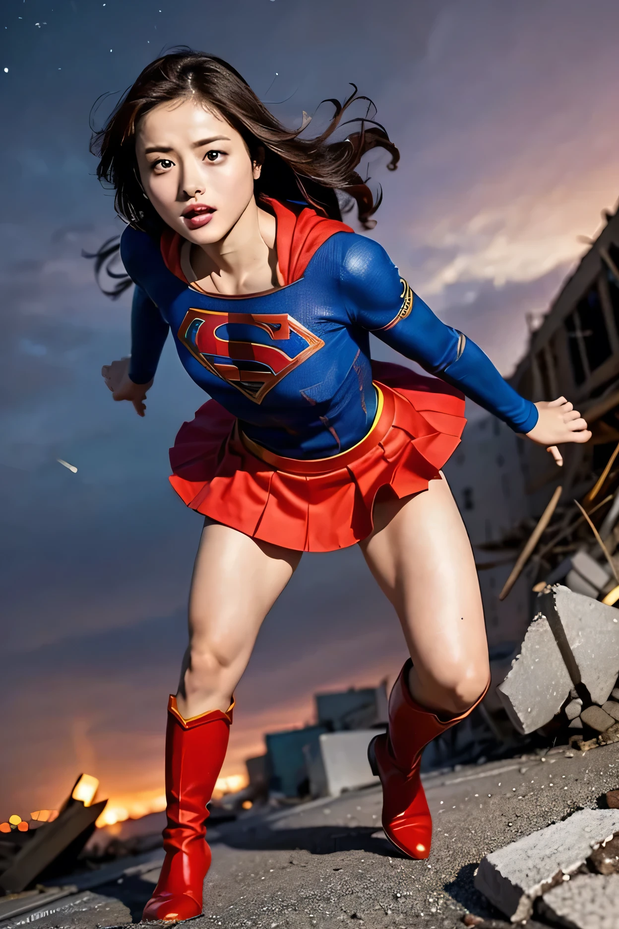 Masterpiece, short-haired Supergirl kicking at camera, barefoot