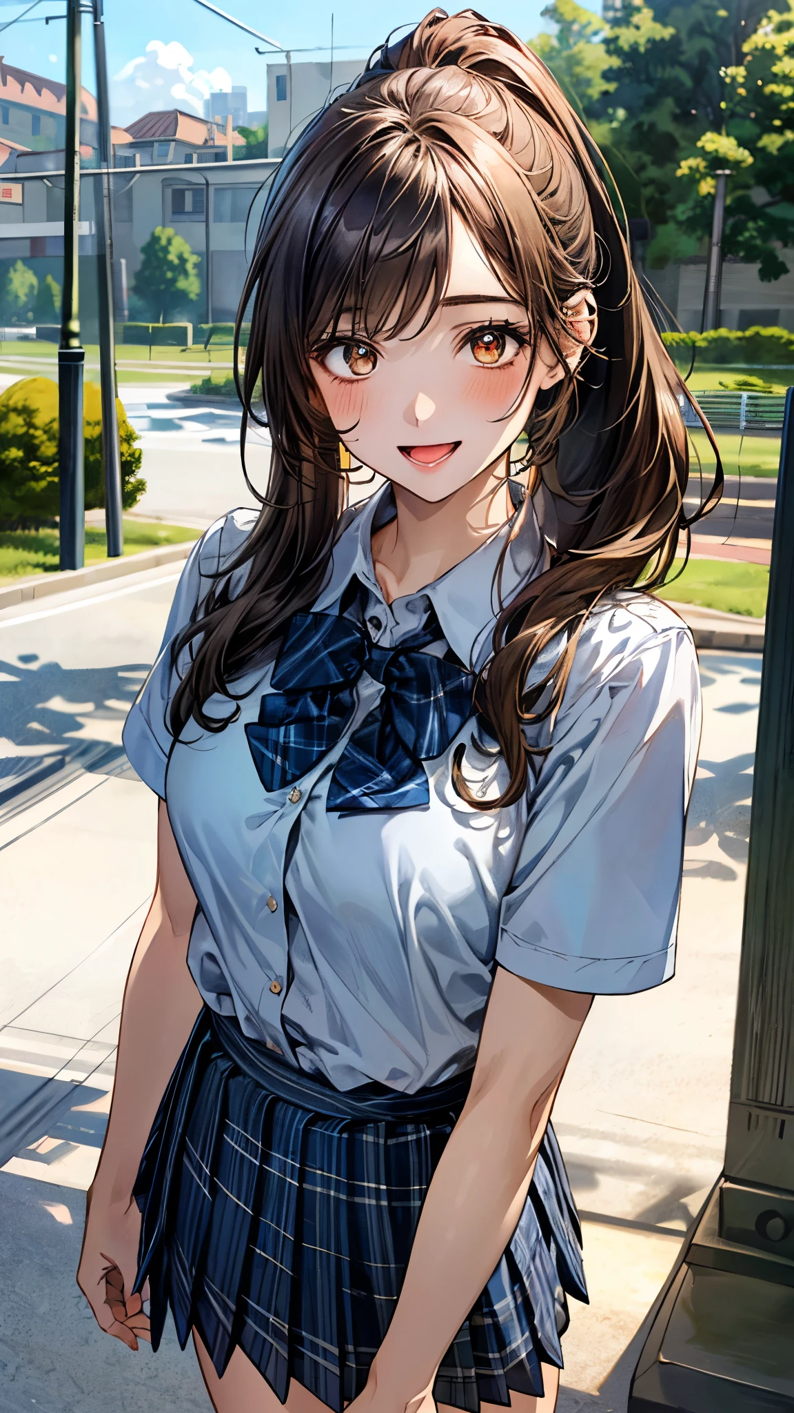(masterpiece:1.2, top-quality), (realistic, photorealistic:1.4), beautiful illustration, (natural side lighting, movie lighting), 
looking at viewer, cowboy shot, front view:0.6, 1 girl, japanese, high school girl, perfect face, cute and symmetrical face, shiny skin, 
(long hair:1.8, straight hair:1.7, light brown hair), parted bangs, emerald green eyes, long eye lasher, (large breasts:0.9, thick thighs), 
beautiful hair, beautiful face, beautiful detailed eyes, beautiful clavicle, beautiful body, beautiful chest, beautiful thigh, beautiful legs, beautiful fingers, 
((, white collared shirts, black pleated mini skirt, black socks, brown loafers, red bow tie)), break, hoop ring earrings, pink panties, dark blue violet cardigan, break,
(beautiful scenery),
In the grass of a meadow, a large dog is on his back, covered by a girl, doing the spaying press.
Her face is bright red and flushed, her brow is furrowed, her mouth is open, and she looks like she is about to cry.

(The skirt is so short.)

(The skirt is very short.)