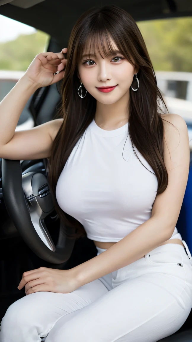 8k uhd, dslr, RAW photo, photorealistic, ultra realistic, cinematic lightning, high detailed, high detailed skin, high quality , Tamron SP 70-300mm F/4-5.Photo taken by 6,The highest quality, Slightly visible chest and thighs, The ultra-Highres, slim waist, Lovely smile, highly detailed faces, Detailed lips, detailed eyes, Double eyelidd, Long black hair, Black-haired god, Spectacular sports car exhibition, Bright and cheerful atmosphere, Lovely eyes, (Racing models), Racing model costumes, Colorful costume colors, model poses, full body photograph,Bright and tight-fitting clothes, Sexy fashion