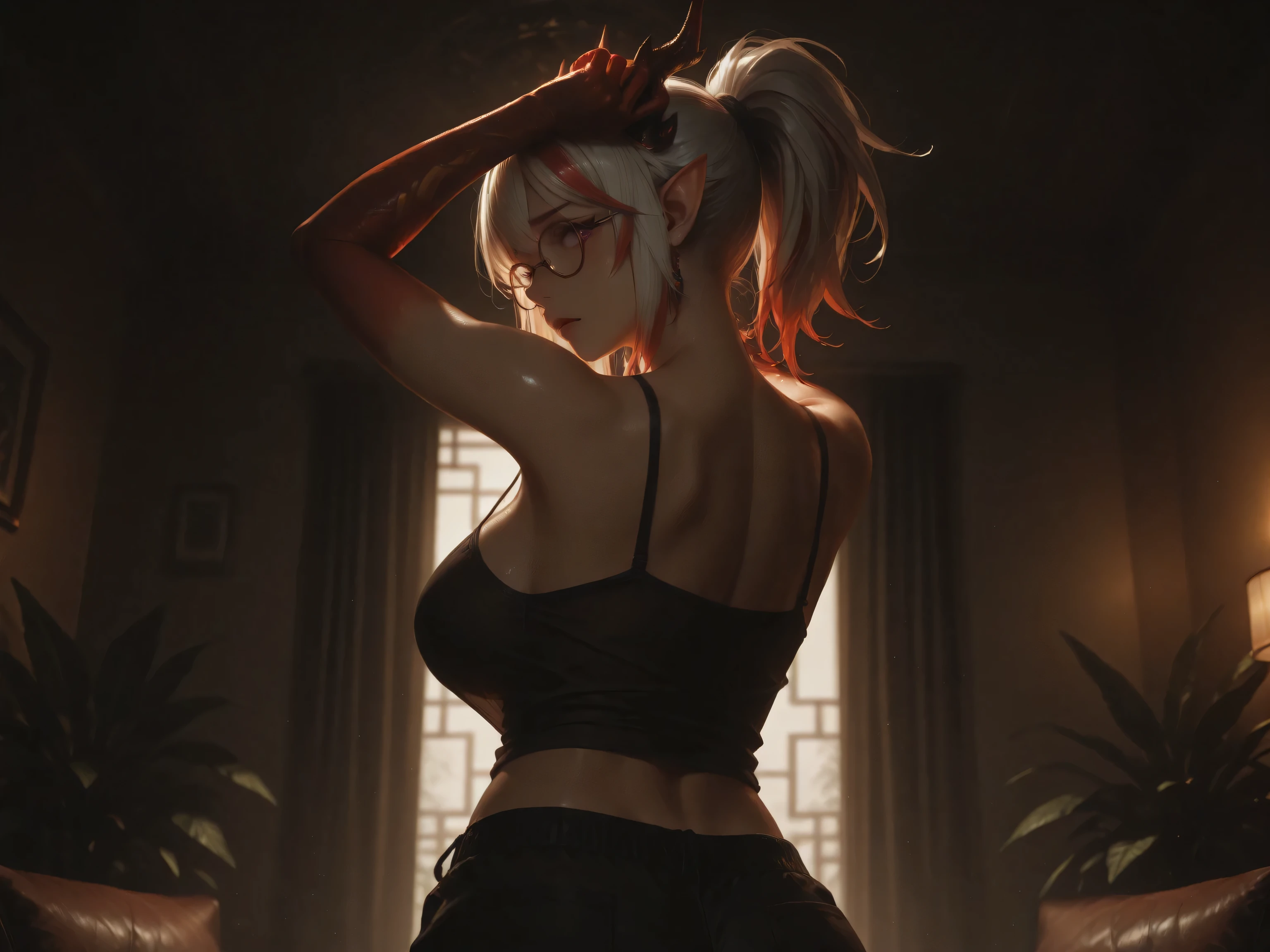 (NSFW:1.1). a realistic image, extremely sharp focus, crisp details, high resolution, low light, cinematic lighting, 4K, 8K. (correct anatomy and detailed hand). back view, low angle. a detailed, high quality rendering of Nian wears beautiful, detailed round eyeglasses, wear a string camisole, bomber jacket and shorts. She has a beautiful big breasts. has a beautiful face details, a beautiful detailed purple eyes, white hair, red hair, streaked hair, dragon horns, pointy ears, ponytail, armpits, detailed hands, five fingers and a real human skin texture, her expression is embarrassed and she looks at the viewer. Interior design. the room decorated with so many plants. The background has highest detail, detailed background and depth of field.