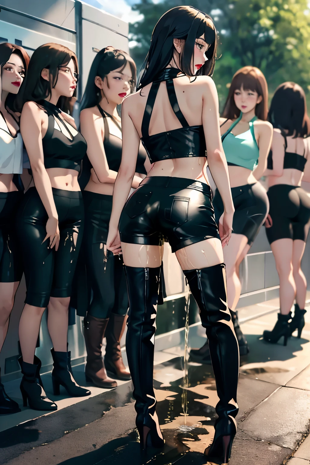 anime, best quality, high quality, highres, beautiful women, high detail, good lighting, , hent(bike shorts))), (leather halter top), (bare midriff), (cameltoe), (((leather thigh high heel boots))), (wet shorts), (((wetting herself))), (((peeing herself))), (((peeing self))), (pee streaming down legs), peeing stain, (puddle), (thick thighs), nice long legs, lipstick, detailed face, pretty face, humiliated, embarrassed, ((waiting for bathroom with line of women in queue)), hihelz