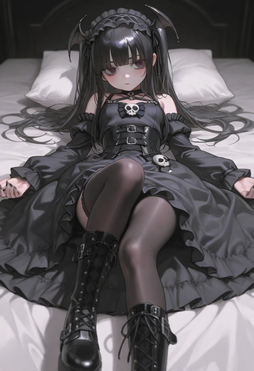 gothic chuca, with black skirt, mesh netting, gothic boots, taking a photo in his room