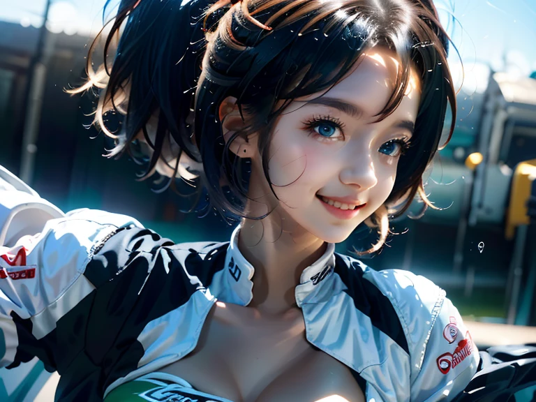 black hair, hair bobbles, wince, longeyelashes, solid circle eyes, fake animal ears, light smile, ear blush, fang, Surrealism, drop shadow, anaglyph, stereogram, tachi-e, pov, atmospheric perspective, 8k, super detail, ccurate, best quality