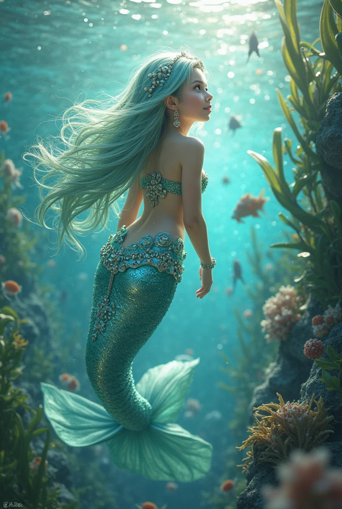 (highest quality、table top、8K、best image quality、hyper realism)、(Little mermaid wearing the most luxurious and luxurious costume:1.3)、(The most luxurious and finest transparent sleeve:1.1)、(A mermaid goddess swimming in the beautiful and luxurious deep sea rocks...:1.2)、(Extremely complex and detailed ocean depictions:1.1)、(There are many beautiful small tropical fish and corals in the sea...:1.1)、(The most luxurious and glittering underwater city:1.3)、(Mysterious and most brilliant beautiful underwater city:1.3)、(Detailed depiction of the beautiful ocean:1.1)、(Unimaginably beautiful and mysterious underwater depictions:1.1)、(Sparkling rainbow color gradation、Realistic scales shine in every detail:1.2)、(Mermaid goddess swimming in a beautiful rocky area in the deep sea Upper body photo:1.1)、(Accurate mermaid tail and beautiful fins)、Beautiful sea it shines intricately、Clear and detailed background,、(accurate anatomy:1.2)、(perfect hands:1.1)、(The most luxurious and finest jewelry decoration throughout the body:1.1)、golden decoration、the most gorgeous goddess sleeves、the most luxurious decoration、large amount of intricate gemstones、beautiful brown hair、Highly detailed glowing iridescent gradient scale、(最も贅沢でhighest qualityの巨大ティアラ:1.1)、(It's very vivid, Fantastic and mysterious:1.2)、(最も贅沢でhighest qualityのジャイアントネックレス)、Beautiful shining iridescent gradient tail of mermaid、perfect makeup、(the best smile when you look at me:1.2)