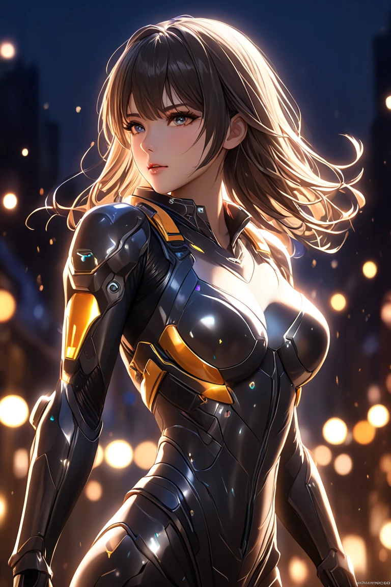 Beauty woman brunette with horsetail (((jumping))), intricate perfect beauty face, detailed sharp eyes, detailed face, (((from face to the waist))), (((beauty shape))), ((in realistic white golden lines neon-lit sci-fi plugsuit wolf armor)), masterpiece, 4k, UHD (((wearing golden gloves with hyper realistic and detailed in neon)))