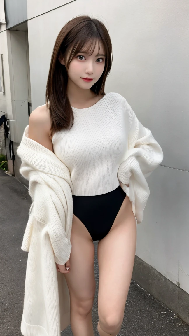 Top quality, ultra-high resolution, (photorealistic: 1.4), 1 girl, off-shoulder white shirt, looking at the viewer, close-up, elongated legs, small, dazzling light, 15 years old, silky ponytail, beautiful legs, shiny skin, navel, best lighting, (white stockings with garter belt, thighs), young face, shopping street, pink ribbon on the head, black shorts, Pink dress, white belt