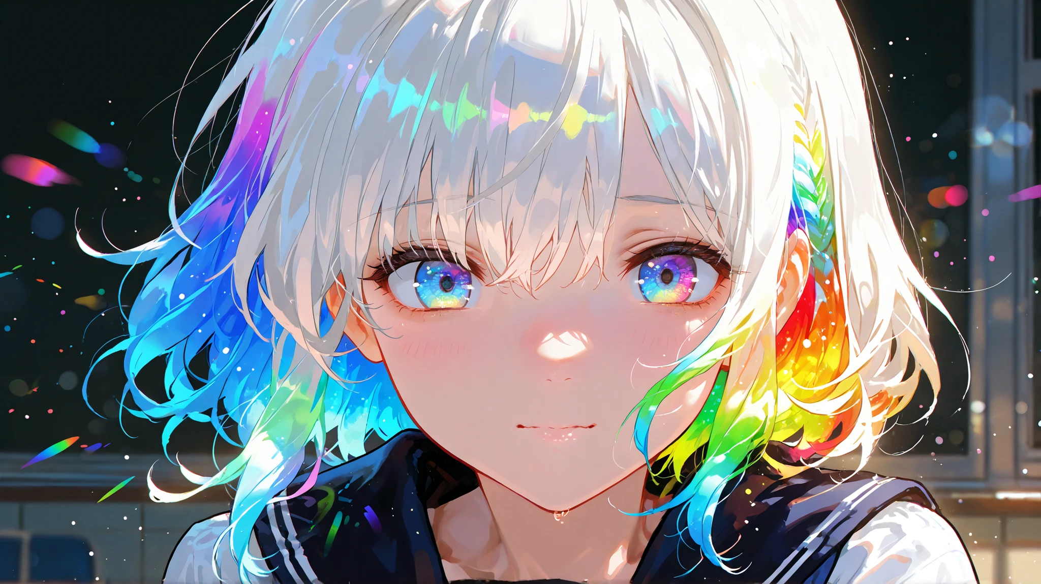 white hair, multicolor hair, school uniform, mid-close-up shot, looking over her shoulder as if someone called her name, expression mixed with longing and confusion, faint multicolored glow in her eyes reflecting emotion, floating particles shimmering in rainbow hues, colorful cinematic lighting focused on her face, background softly blurred, vivid tones with light contrast, Depth of field, (((masterpiece))), (((best quality))), (8k), (((detailed beautiful face and eyes))), (((super fine illustration)))