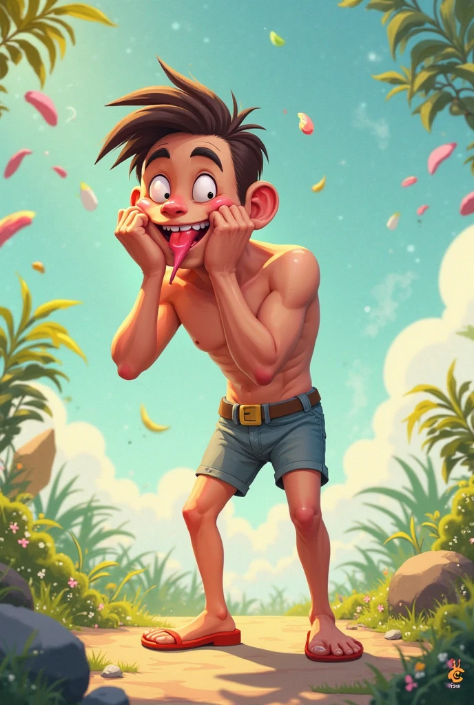 3dmm style, Masterpiece, realistic, best quality, art by chunie, (by chunie:1), (anthropomorphic male faun), male faun, muscular dwarf, juvenile, upper body unclothed, strait black hair, detailed muscular physique, chibi, midget, dwarf, horse penis, large penis, 4K resolution. ((Hooved legs)), stifles legs, hoof. Standing, shorts legs, on grass, side view