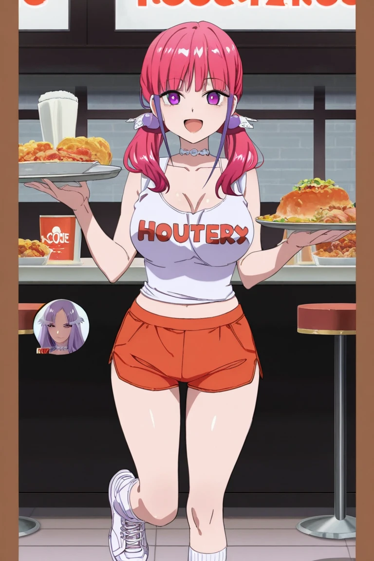 a chubby girl, hamburger, eating, fast food, overweight, unhealthy diet, greasy, happiness, positive expression, messy hair, casual clothes, sitting at a table, indoors, natural lighting, realistic, photorealistic, photo-realistic:1.37, best quality,8k,extremely detailed,vivid colors,dramatic lighting,warm color palette,oil painting style
