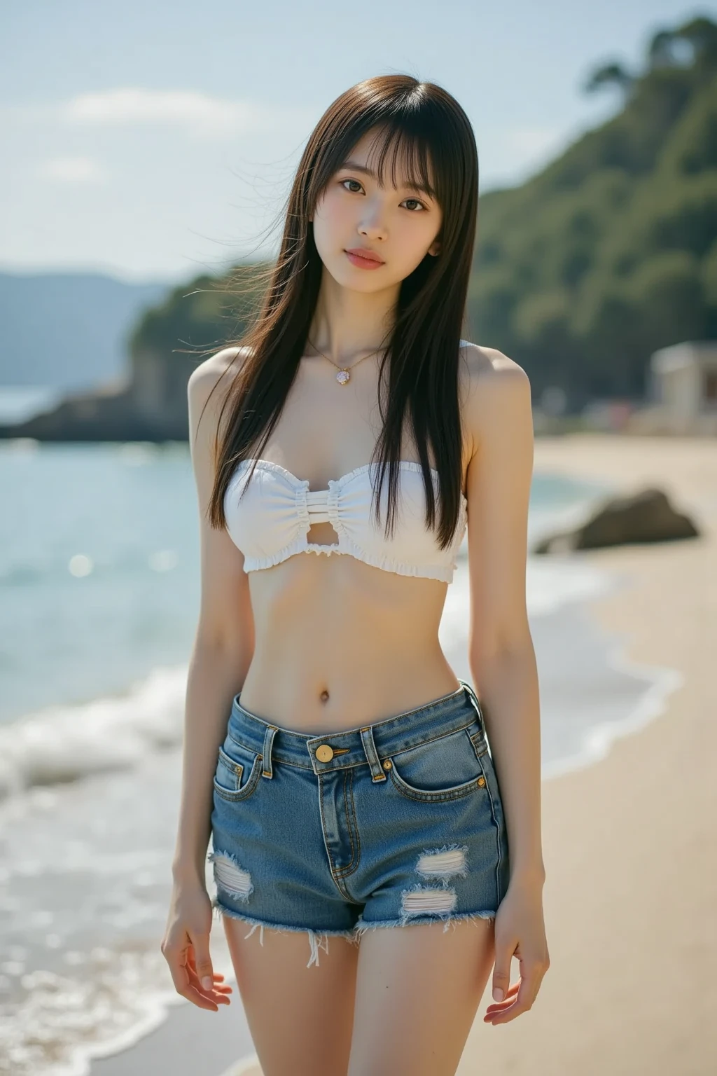 1 girl、25 years old、beautiful breasts、I can see you down there 、full body sbian、black hair、Tight size hot pants、Beach、a little smile、