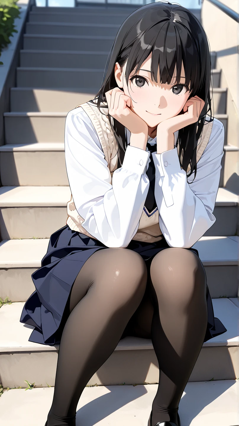 Top quality, masterpiece, High resolution, (Head to toe full body), front, frontやや下からの構図, Symmetric, Tall 18 year old girl, alone, (Head to toe), (Small breasts), bangs, (black tights), (Black Pantyhose), (Sit with your legs apart), (Crouching pose), (A composition showing white panties), (Her legs were spread、I see your white pants.), (I was made to sit on the floor with my legs spread..), (M-shaped legs), Thin legs, A very beautiful and tall 18 year old girl, (No shoes), blush, Shy big eyes, looking at the camera, Blazer Uniform, Checkered Pleated Skirt