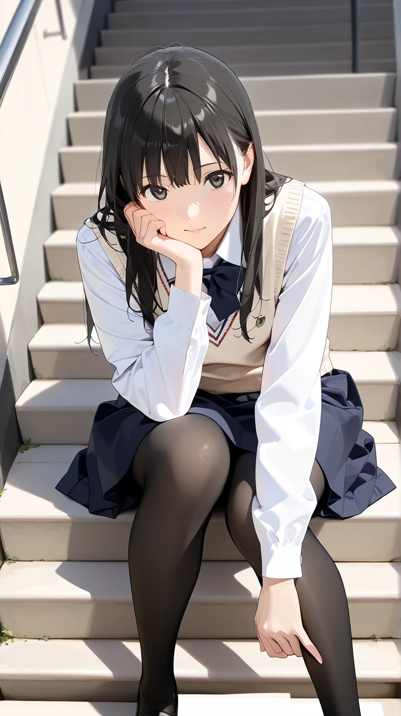 Top quality, masterpiece, High resolution, (Head to toe full body), front, frontやや下からの構図, Symmetric, Tall 18 year old girl, alone, (Head to toe), (Small breasts), Unkempt brown hair, bangs, (black tights), (Black Pantyhose), (Sit with your legs apart), (Crouching pose), (A composition showing white panties), (Her legs were spread、I see your white pants.), (I was made to sit on the floor with my legs spread..), (M-shaped legs), Thin legs, A very beautiful and tall 18 year old girl, (No shoes), blush, Shy big eyes, looking at the camera, Blazer Uniform, Checkered Pleated Skirt、Fuka Kikuchi