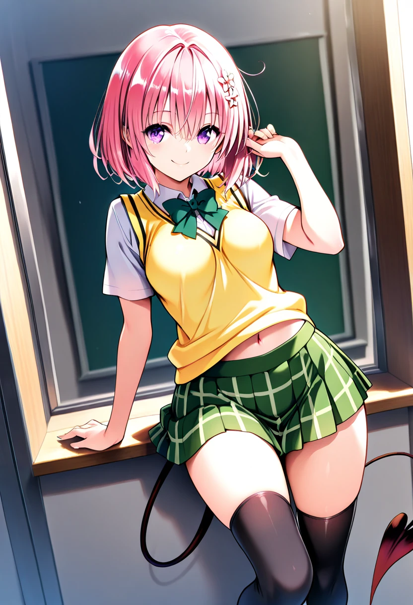 momo velia deviluke, ph momo, momohd, phmomo, solo, 1girl, pink hair, purple eyes, short hair, hair flower, sweater vest, school uniform,(yellow sweater:1.2), big eyes, plaid skirt, black thighhighs,
(masterpiece:1.2, best quality), (finely detailed beautiful eyes: 1.2), (beautiful detailed face), (sharp face hair between eyes, Classroom,
(detail white panty, cameltoe), 12yo, brush, ((spread legs)),
