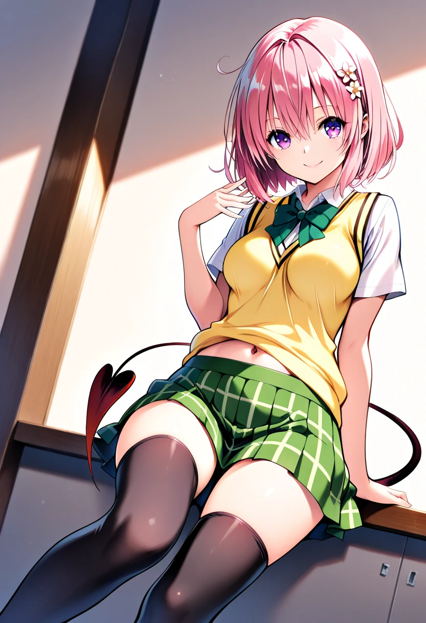 masterpiece, Highest quality, High resolution, One girl, .Deviluke Type, demon tail, Hair Flower, hair ornaments, (Purple eyes:1.1), Pink Hair, short hair, tail, demon tail, green skirt, Plaid, Plaid skirt, Sainan High , , skirt, Sweater vest, Knee socks, (Yellow Sweater:1.3),Young face