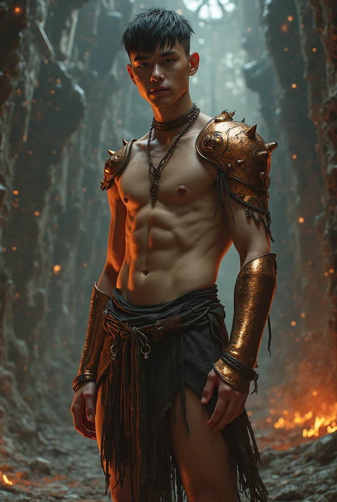 Masterpiece, an insanely handsome young slovak spartan warrior, standing in a stone corridor with flaming torches, night, masculine, well endowed, (high detail:1 1), rough face, natural skin, high quality, beautiful eyes, (detailed face and eyes), (face: 1 2), noise, extra, real photo, PSD, lamp film photography, sharp focus, contrast lighting, detailed skin, high resolution 8k, crazy detail, realistic, professional photography, 8k UHD, SLR camera, soft lighting, high quality, film grain, Fujifilm XT3