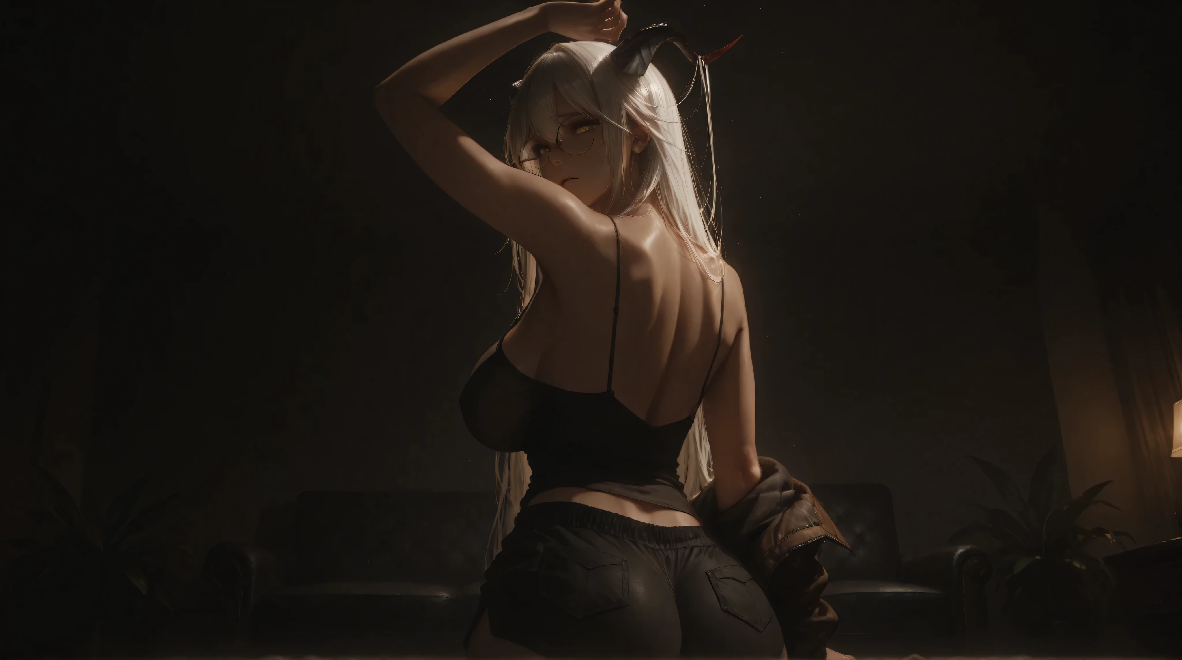 (NSFW:1.1). a realistic image, extremely sharp focus, crisp details, high resolution, low light, cinematic lighting, 4K, 8K. (correct anatomy and detailed hand). back view, low angle. a detailed, high quality rendering of aegir \(azur lane\) wears beautiful, detailed round eyeglasses, wear a string camisole, bomber jacket and shorts. She has a beautiful big breasts. has a beautiful face details, a beautiful detailed yellow eyes, white hair, armpits, detailed hands, five fingers and a real human skin texture, her expression is embarrassed and she looks at the viewer. Interior design. the room decorated with so many plants. The background has highest detail, detailed background and depth of field.