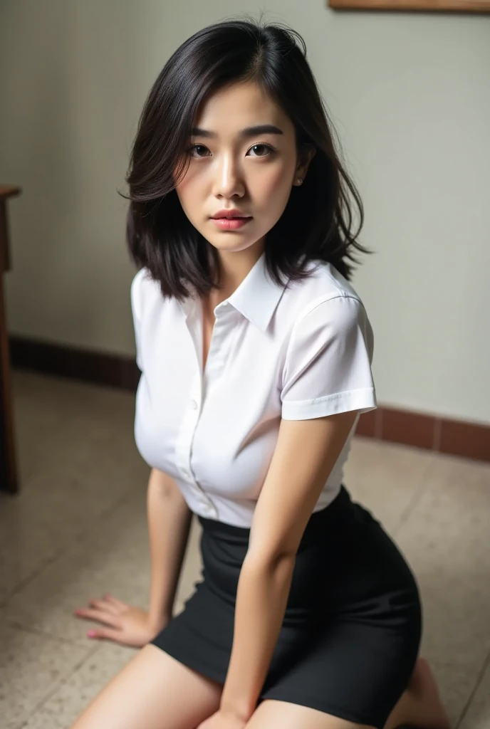 ((Best Quality, 8k, Masterpiece: 1.3, Raw Photo)), Sharp Focus: 1.2, (1 aespa Girl: 1.2), (Realistic, Photorealistic: 1.37), (Face Focus: 1.1), Cute Face, Tenderness, Small Breasts, Flat Breasts, Short Messy Hair, Sitting, Spread Legs, White Summer Casual Shirt, Skirt, She Rolls Up Her Skirt, Classroom, natural light, baby face, shameful look,