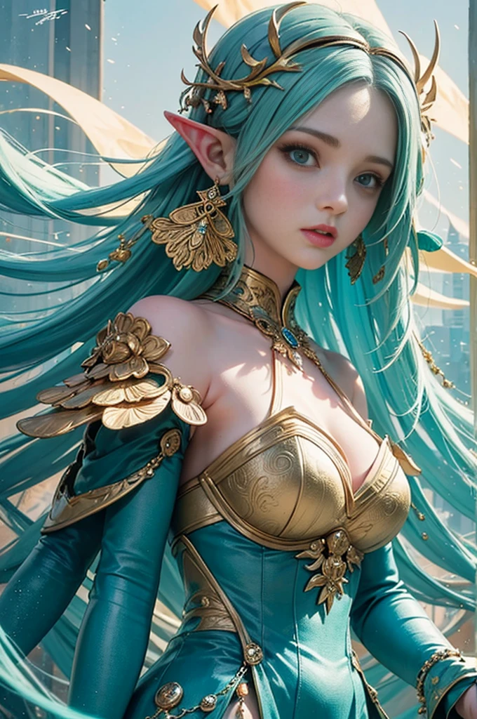 Full body and legs painting of beautiful elf girl, (( long flowing green hair flying, bright pale blue eyes)), beautiful pale makeup, color portrait, stunning, striking blue eyes, pastel blue eyes, cleavage, black armor, large breasts, gold dust spread across the skin and face, (dark, hyper-realistic photos (((portrait))) of glass refraction 1vase, background of post-apocalyptic ruins,(((HDR+)))), textures of 4mm, 8k, soft cinematic light, Adobe Lightroom, Photolab, HDR, intricate, elegant, highly detailed, sharp focus, ((((((cinematic appearance)))), soft tones, insane details, intricate details, hyperdetailed, low contrast, soft cinematic light, faint colors, exposure mix, faded, slate atmosphere)