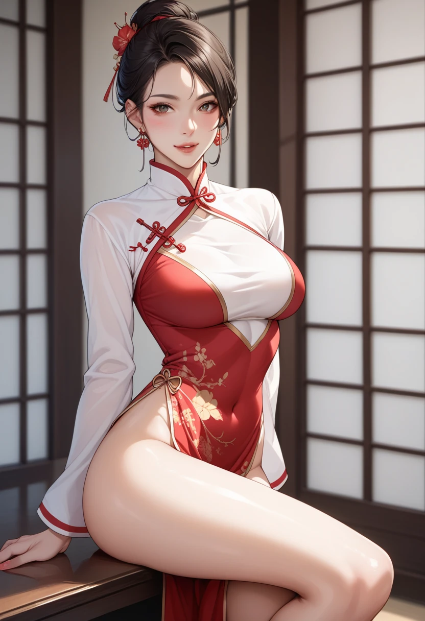 Best quality, (RAW photo: 1.2), (Masterpiece: 1.4), (Realistic: 1.4), (High resolution: 1.4), Chinese actress Gulinazha, depth of field, intricate details, 8k, very detailed, perfect lighting, epic background, big bust 1.3, cheongsam, large open 1.3 ((chest exposed)), perfect legs, red thong , beautiful butt ,