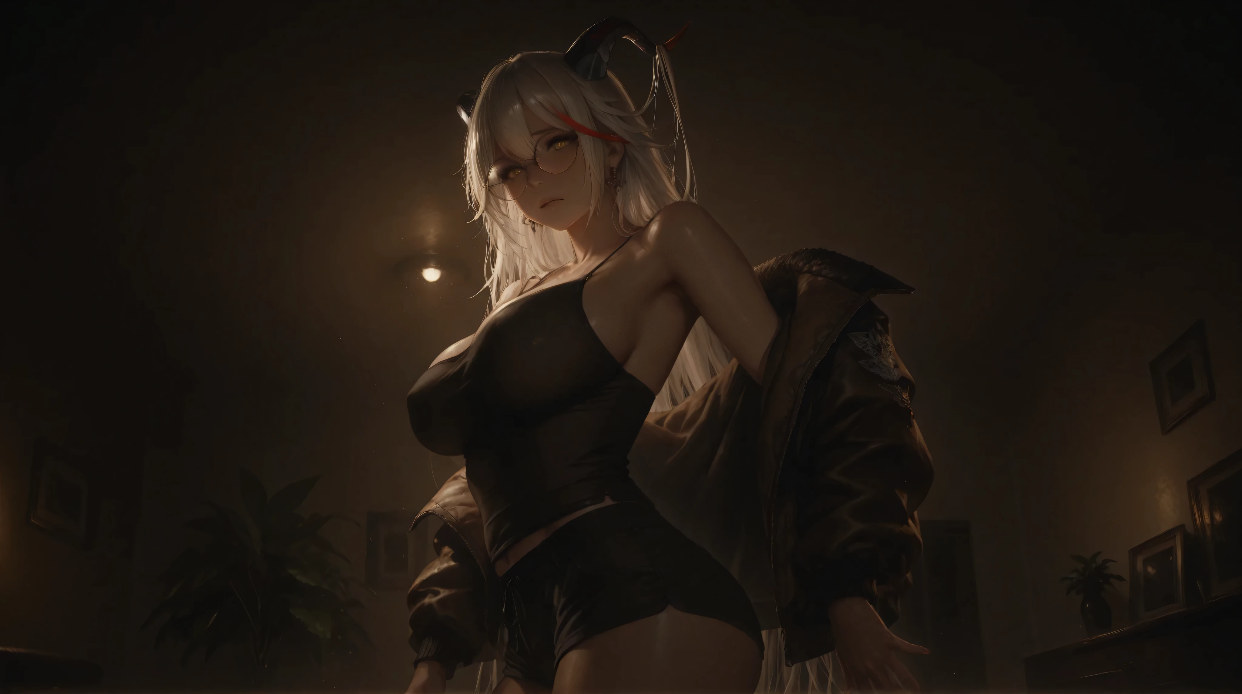 female, furry, wolf anthro, solo, white fur, red eyes, (Realistic eye details 1.2), headphone on head, business suit wear, Character focus, abs, Full body like, Masterpiece, dramatic lighting, soft lighting, day, highly detail, Hair coiled