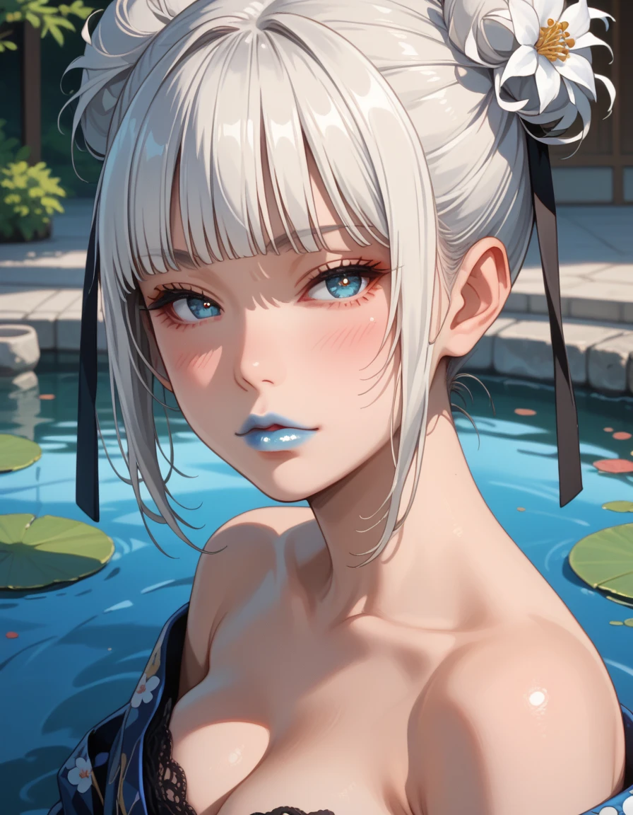 (masterpiece:1.2, best quality), (highly detailed:1.3), (1girl, dark-skinned, small breasts, white hair), print kimono, bare shoulders, hairpin, hair ornament, shiny earrings, shrine, pond, lotus, flower, detail background, 8k, 2d, absurdres:1.3, detail hair, detail face, sharp focus, <lora:chocoskin:0.5>, from back