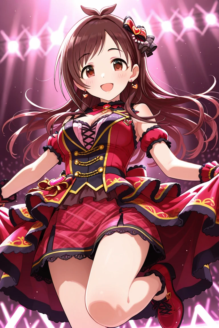 1girl, (8k, best quality, masterpiece, perfect lighting:1.2),(dynamic angle:1.2), perspective, fisheye,
a photo of a cute girl, minase iori, idolmaster million live!, singing joyful on the stage, (looking at viewer:1.2), (kawaii:1.2),
grabbing one microphone, detailed microphone,
detailed grossy red outfit, (luxury stage dress1.2),
sfw,
very long hair, floating hair, hair ribbon, swept bangs, parted bangs, asymmetrical bangs,
<lora:Minase Iori:0.7>
<lora:flat2:-1>
(ulzzang-6500-v1.1:0.5),