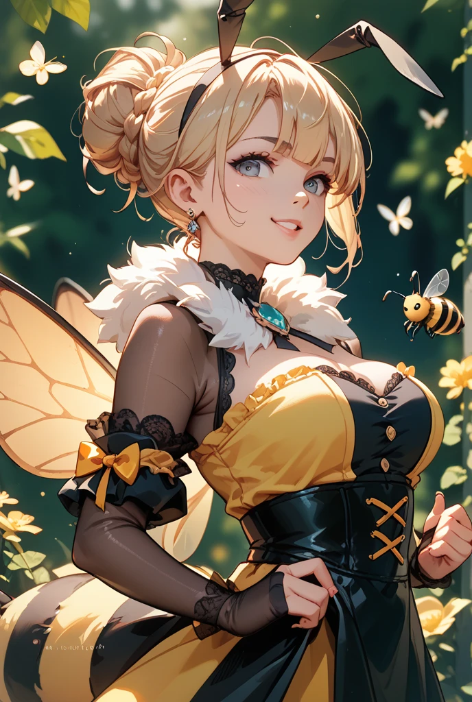 sfw, cartoon, aerith gainsborough reimagined as a horny girl in honeybee costume, (masterpiece, best quality), beautiful face, (22yr old, beautiful girl, solo:1.1),brown_hair,long_hair, pixiv, evil smile, sadistic, erotic lips, seductive eyes, drooping eyes, provocative expression, smirks, squint, enraptured, fascinated, scornful laughter, aroused, lovely, naughty face, half closed eyes, fearless smile, crazy smile,toned female, glamorous perfect female proportion, wide hips, extremely shiny, reflecting light, awesome metallic surface texture, cute, akiba, anime face, moe, yellow and black striped hair, wasp ornament, Yellow and black striped boots, wasp transparent wings, bee Transparent wings, wasp antennae, wasp printed, Honeycomb printed, poison needle, yellow and black striped fur, spike choker, earrings, best quality, amazing quality, very aesthetic,