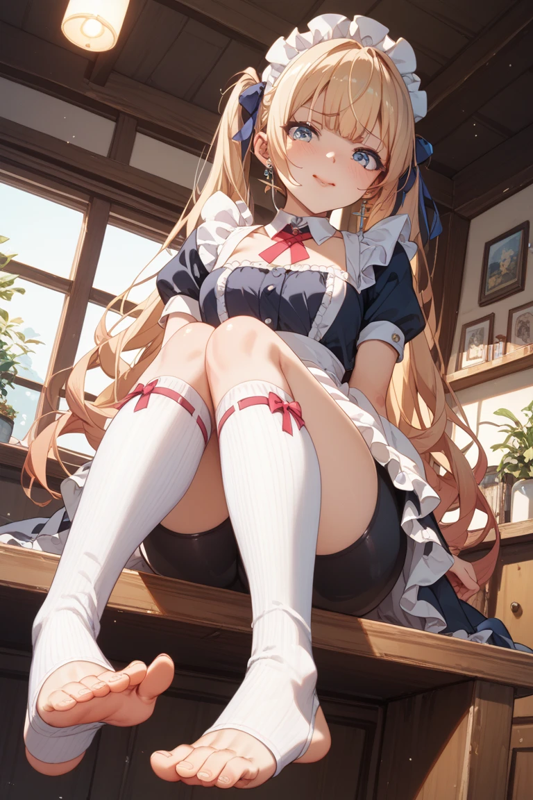 A Female mature robot loves herself. she wears nothing. Her Brown very short pigtails is tied with two big red clothespins, mature, android, blue eyes, full body, Height: 160cm, flushed cheeks, sweat bucket. full body shot, looking straight. Her smile is complete.show White pantie, Looking at the audience, 着ぐるみ