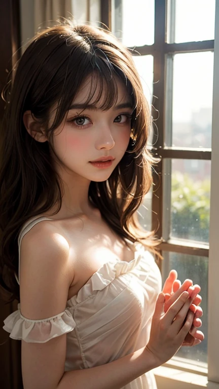 Beautiful white and shining skin、Chestnut hair that changes depending on the light、long bangs between the eyes that obstruct vision、cheek gloss highlight、Sexy and very beautiful lovely gorgeous face、the most beautiful face in the world、short bob、smooth straight hair、medium breasts、big and bright eyes、eyes are shining、Beautiful eyes in every detail、beautiful bangs、Beautiful and beautiful woman、small face beauty、small face beauty、golden ratio、natural smile、full body shot、alone、shirt with buttons、open shirt、See-through、No bra、beautiful clavicle、Medium chest、beautiful breasts、cleavage、erect nipples、view audience、Sexy model posing with chest out、very sexy